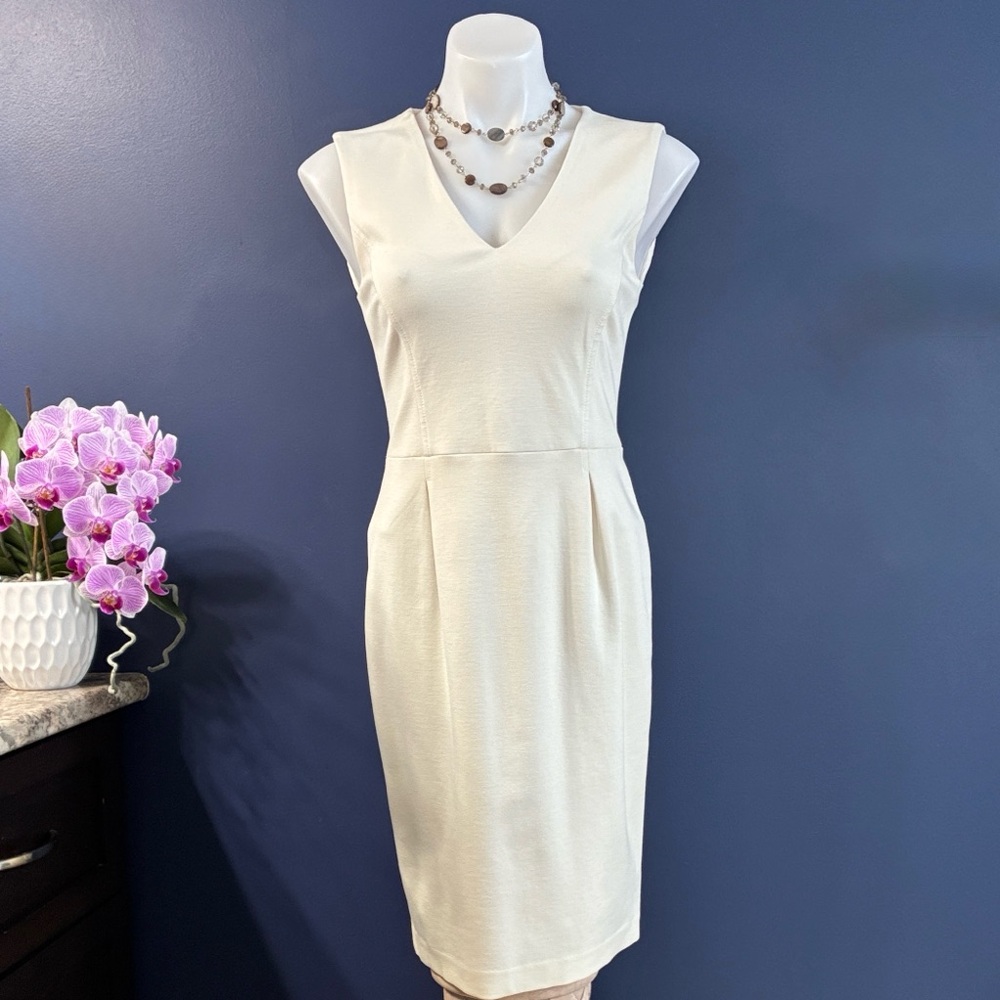 Banana Rebublic Sheath Midi Dress; Bodycon Stretchy Linen-Look; Cream; Sz:0